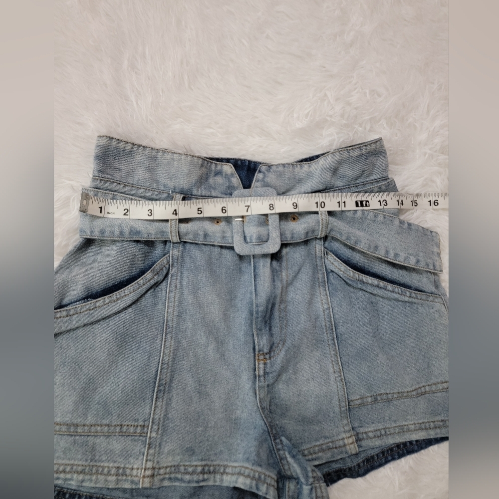 Le Lis 100% Cotton Paper Bag Belt  Light Blue High-Waisted Shorts Size 29 - Picture 12 of 13